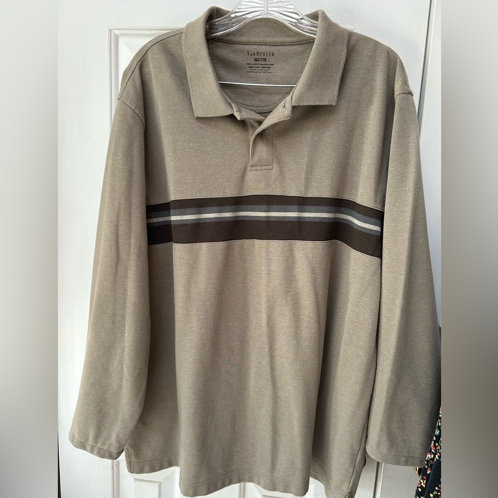Van Heusen Men's Long Sleeve Polo in Taupe with Brown Stripe. Goes w/everything.